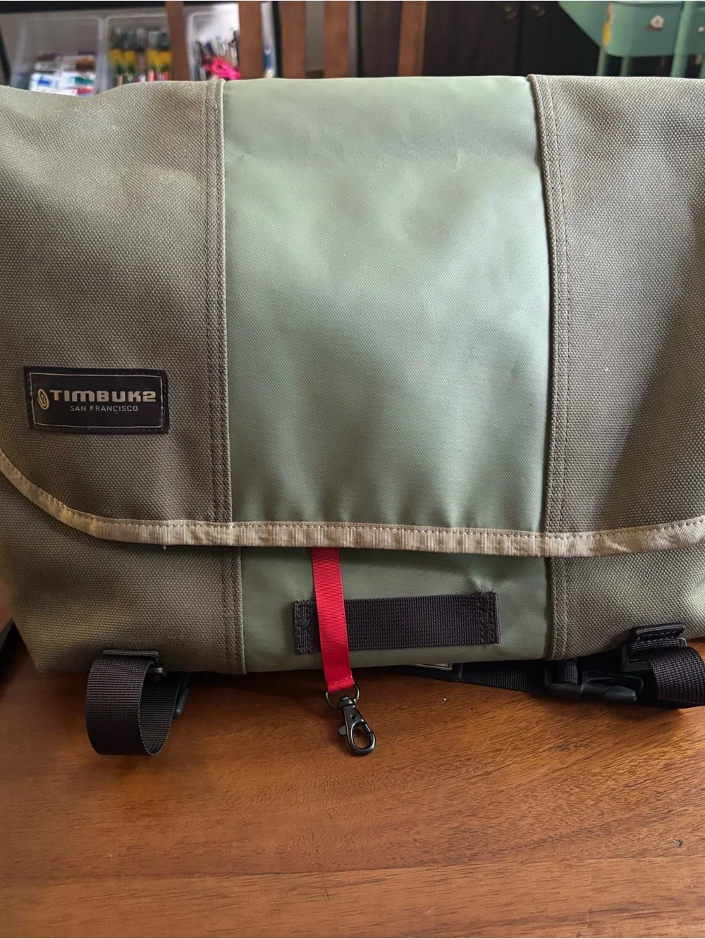 Timbuk2 medium Olive and Dark Gray Messenger Bag with Red Accent